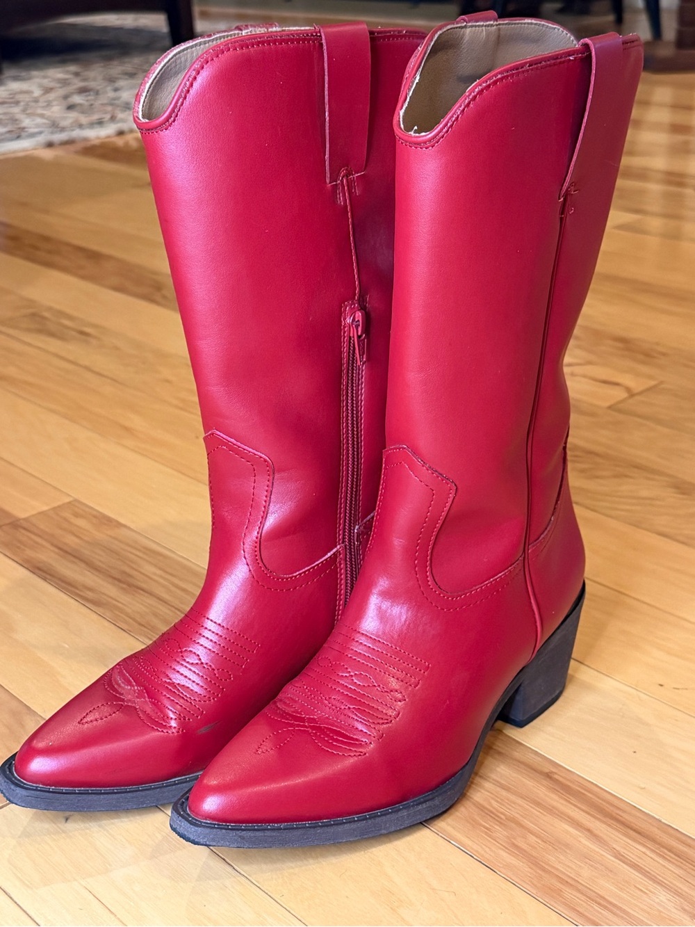 Vibrant Red Western Cowboy Boots | Pointed Toe Vegan Faux Leather Mid-Calf Boots - Picture 10 of 10